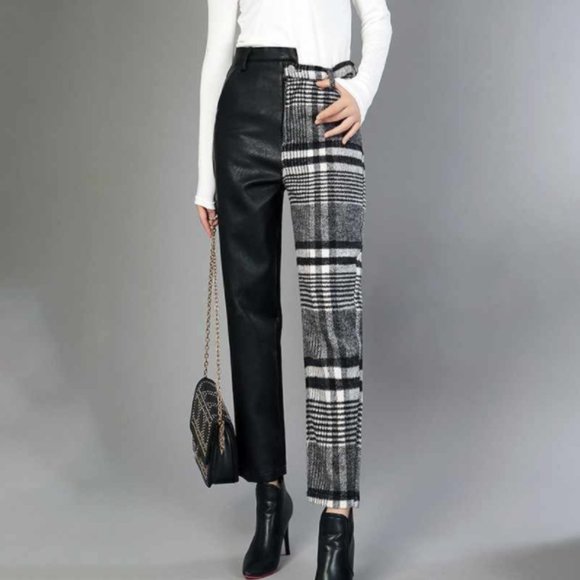 TWOTWINSTYLE Highwaist Asymmetrical Wool & PU pant - Picture 1 of 13